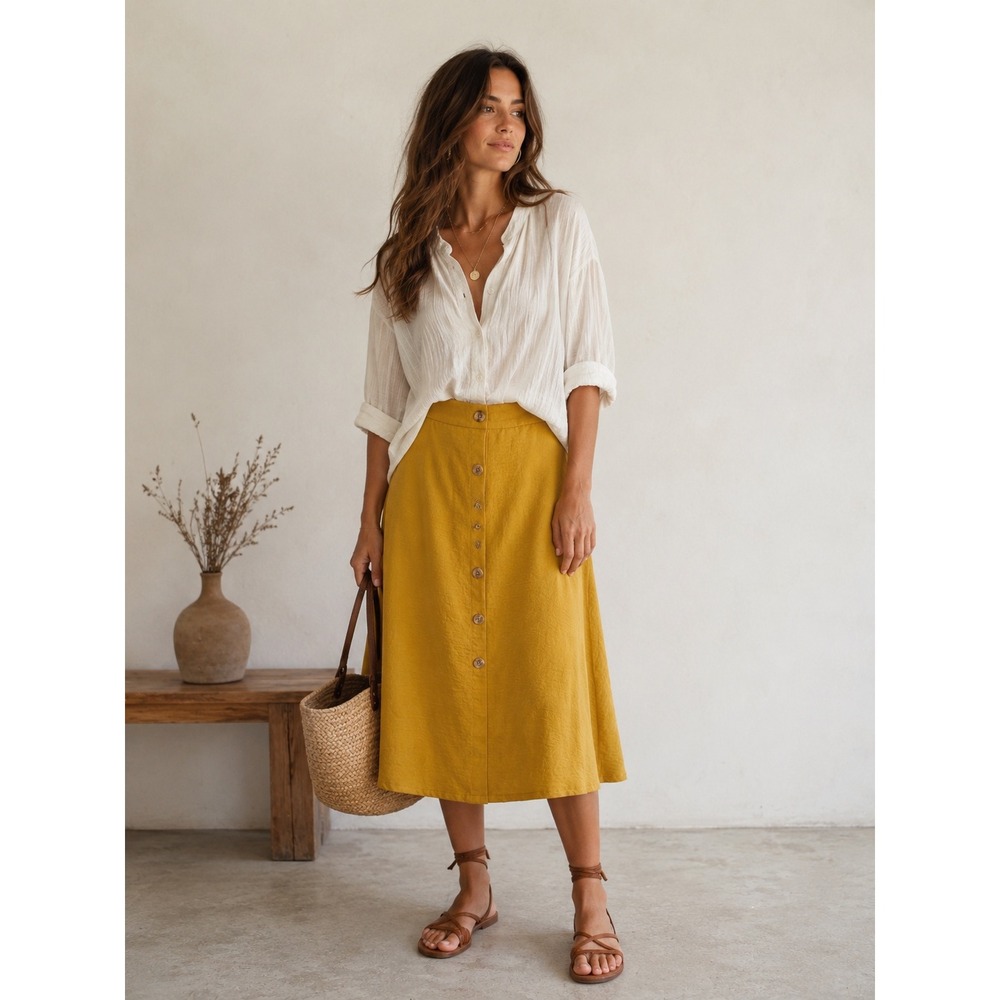 SOHO Apparel Ltd Mustard Yellow Button Front Midi Skirt Medium Cottagecore
